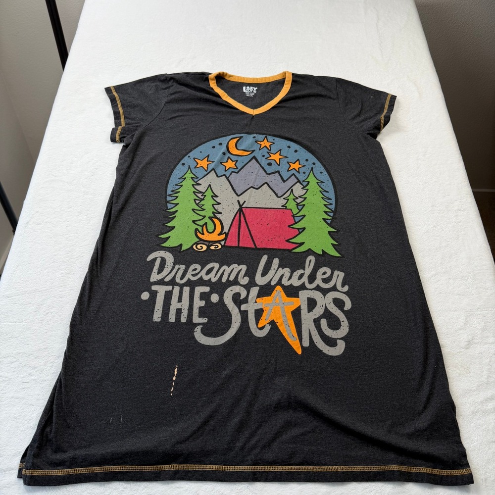 Lazy One Nightshirt Womens L/XL Gray Good Dream Under The Stars Camping Cotton
